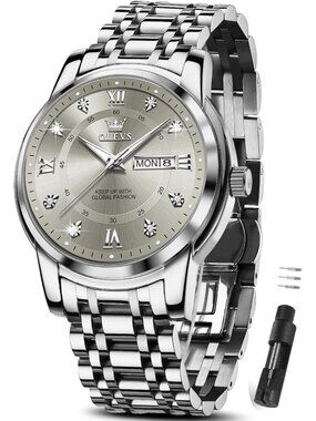 Men's Silver Grey Stainless Steel Luminous Quartz Waterproof Round Classic Watch